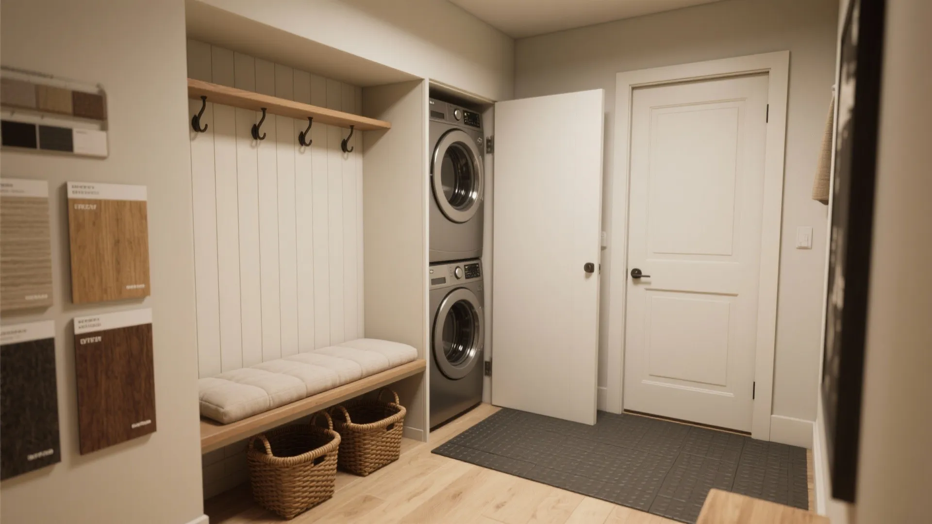 Mudroom vignette with bench, hooks and concealed stacked laundry in a compact entry.