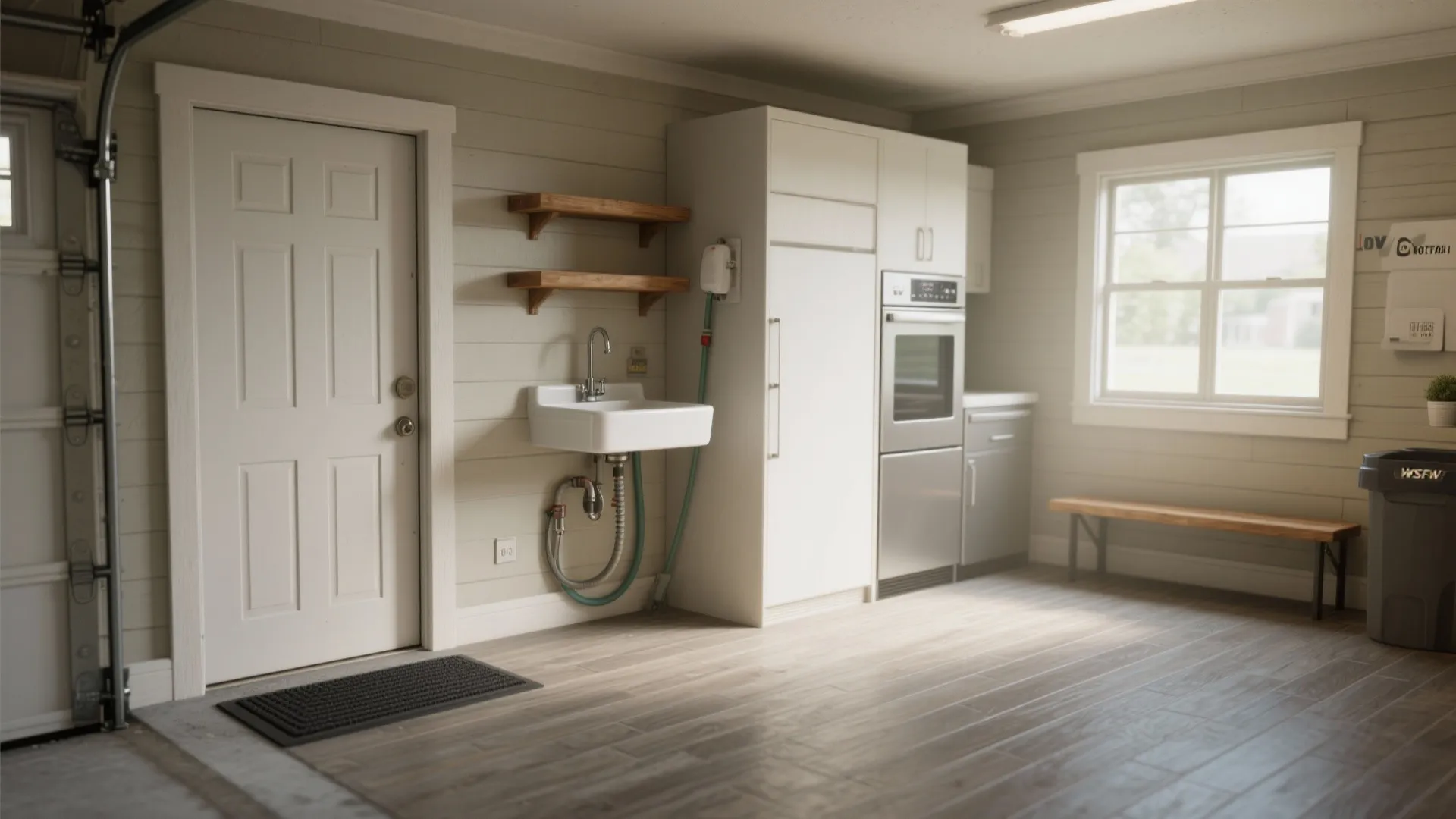 Utility room with white door wall sink wooden shelves cabinet oven bench and a window