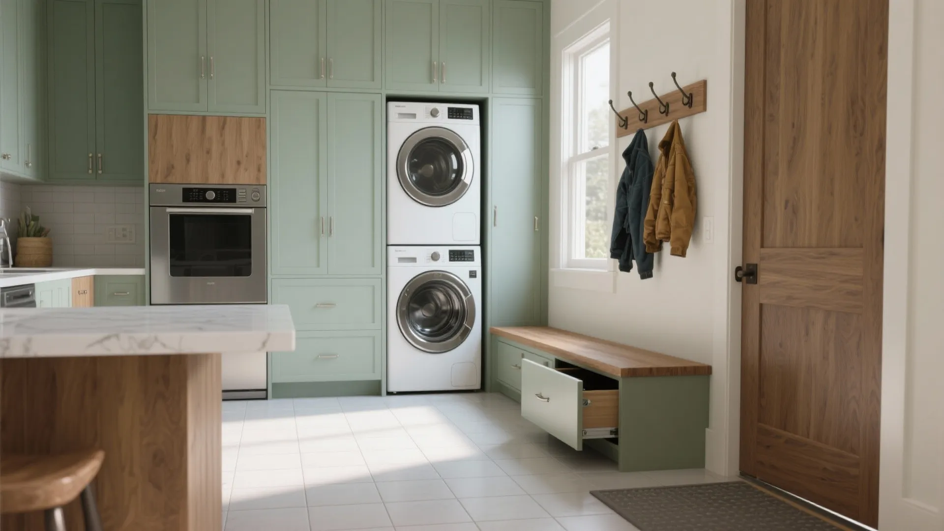 Green laundry room with stacked machines and wooden bench featuring storage drawers and coat hooks