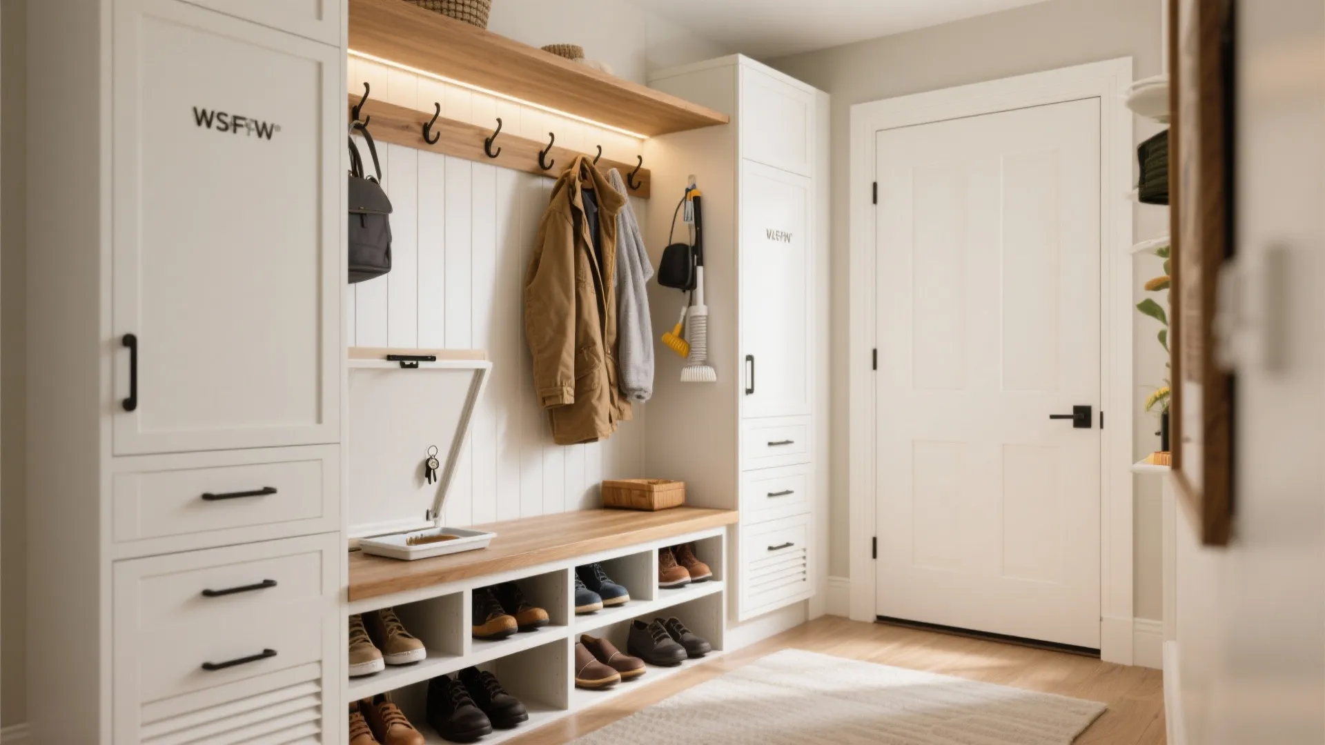 Mudroom hybrid: bench, shoe drawers, and tall utility