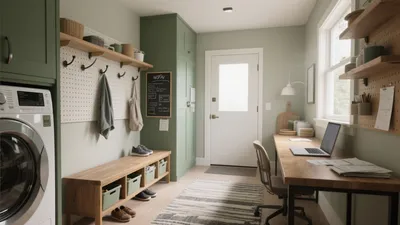 Green Laundry Room with Home Office Nook