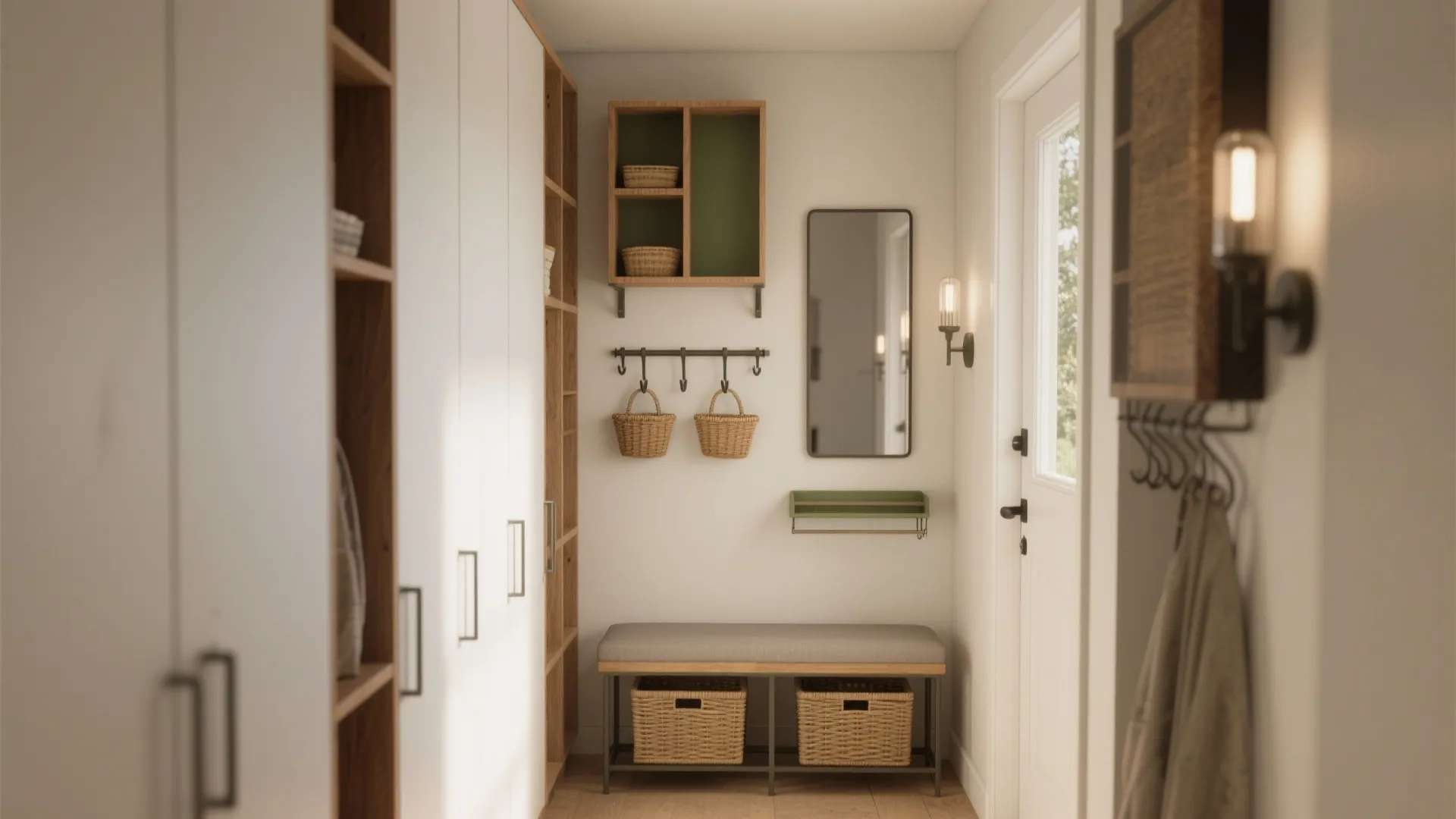 Bright hallway with a sitting bench storage baskets wall mirror wall light and white cabinets