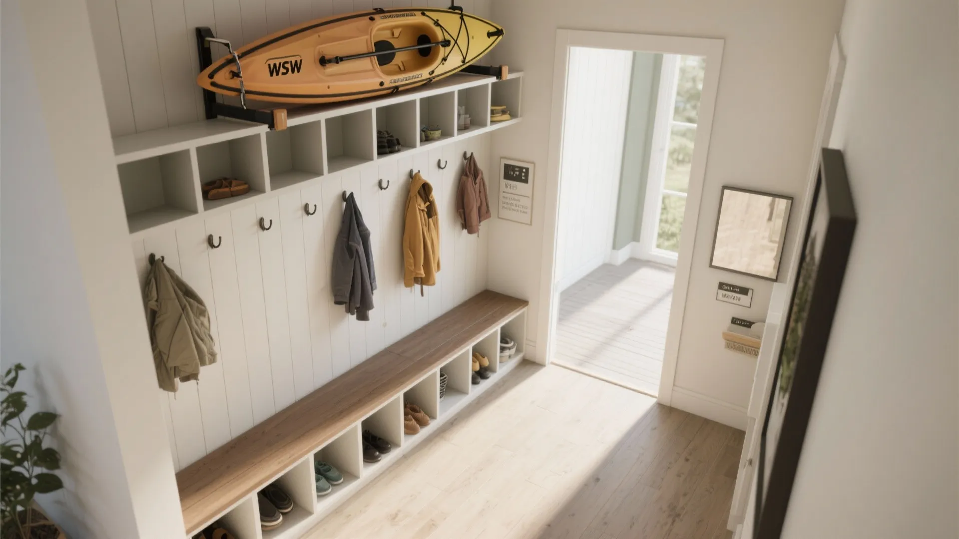 Top-down view of a mudroom with built-in bench and pull-down kayak rack for compact storage.