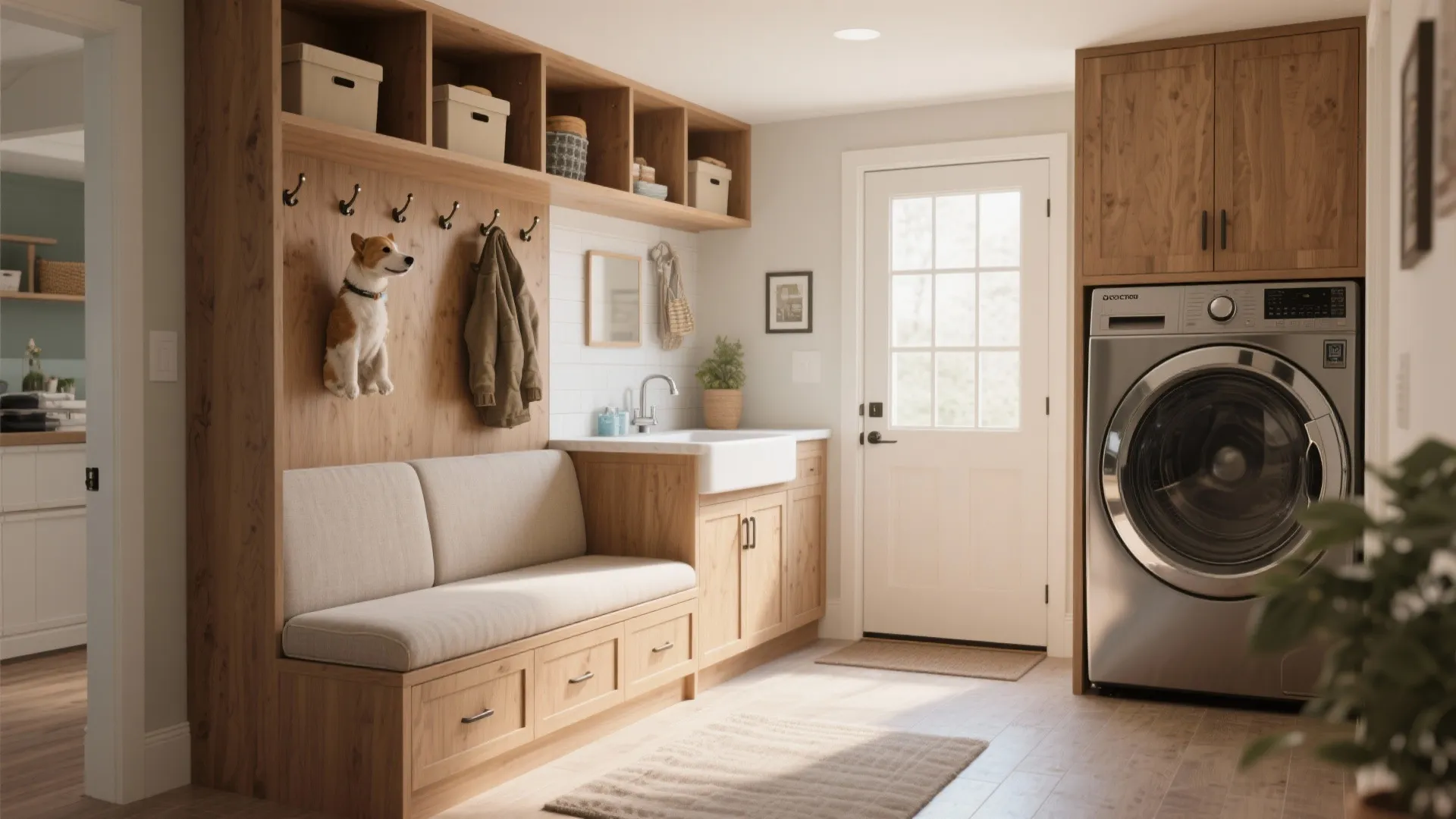 Entryway mudroom with wood cabinets seating bench washing machine white door and wall hooks design