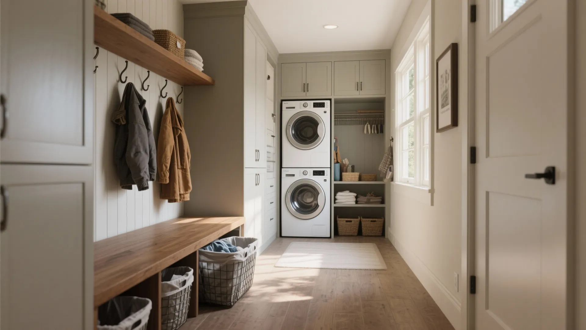 Modern laundry room featuring a stacked washer and dryer with wooden bench and storage hooks