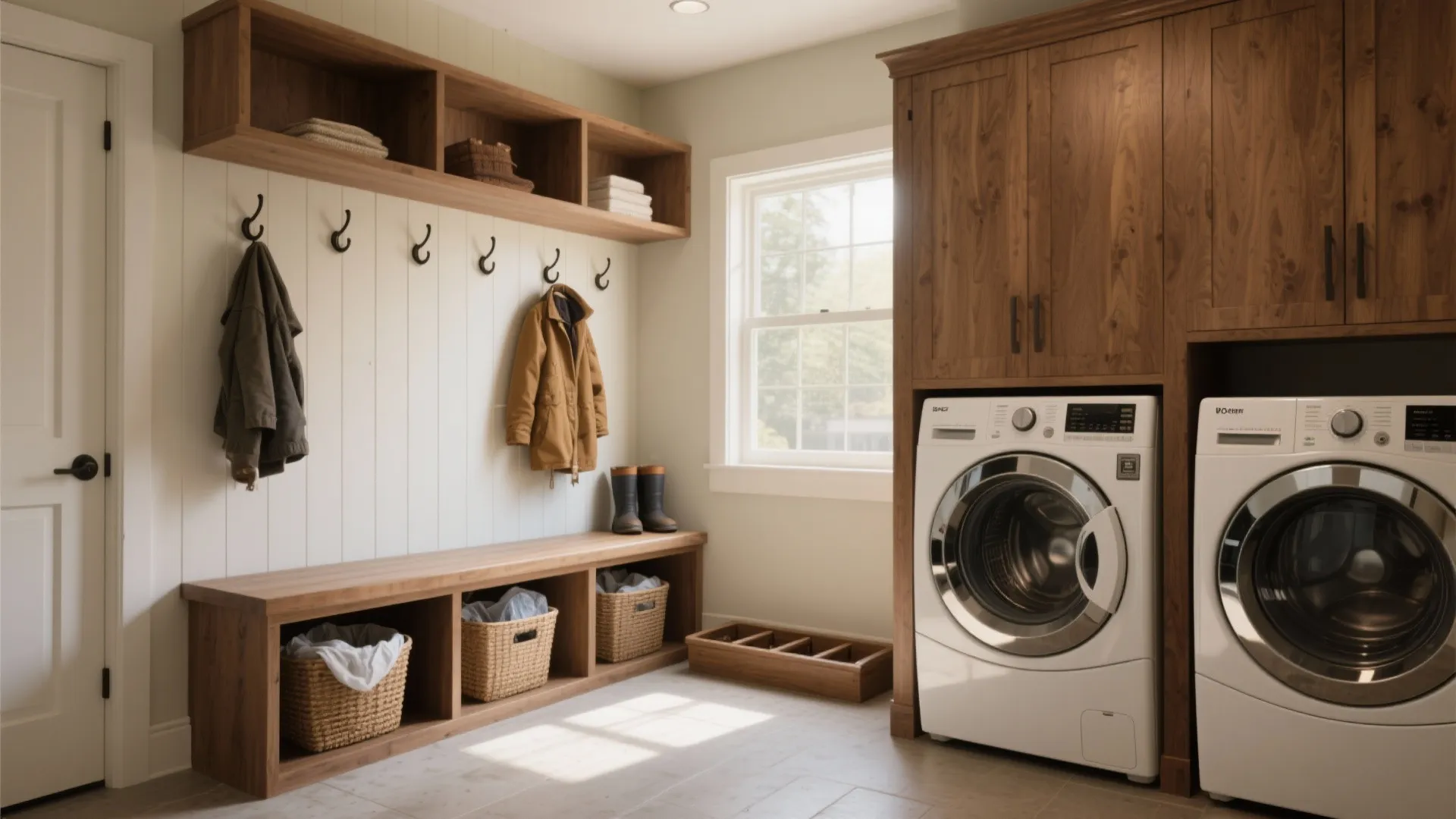 Combined laundry and mudroom with bench seating, built-in hampers and stacked machines.