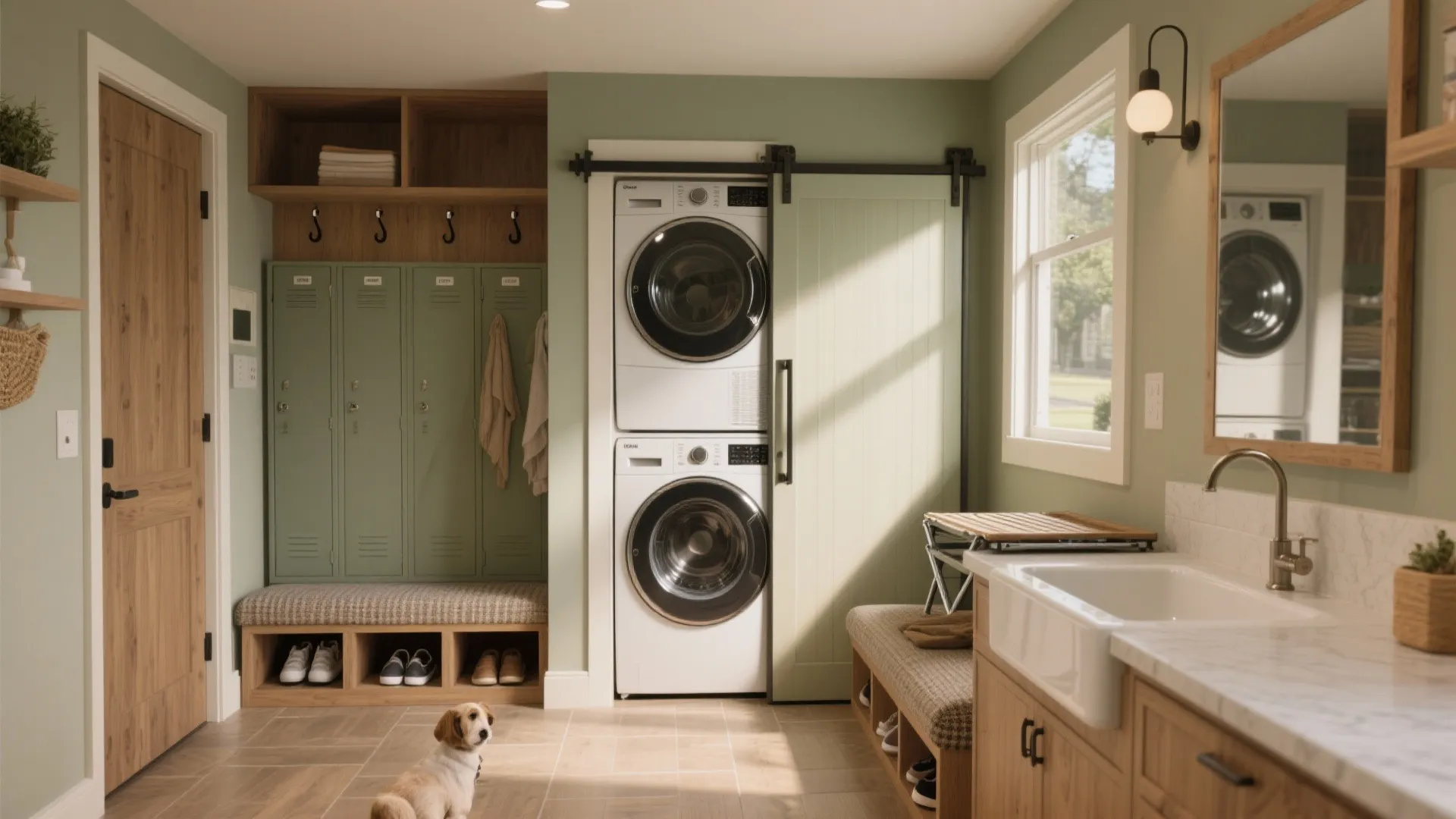 Green mudroom and laundry room featuring stacked washing machines wooden bench green lockers and white sink