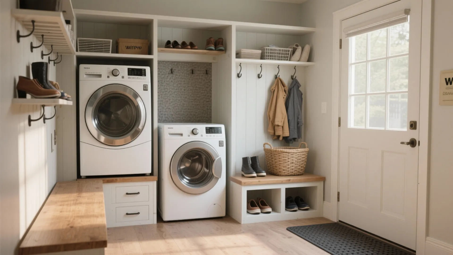 Bright mudroom laundry area with white cabinets washing machine wooden bench shoe storage and hooks
