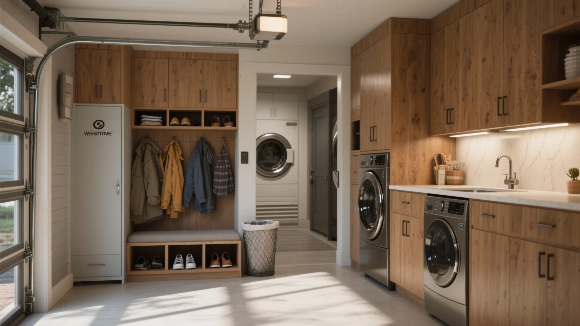 Mudroom-style garage laundry with a bench, cubbies, pull-out hamper and adjacent washer-dryer under a counter.