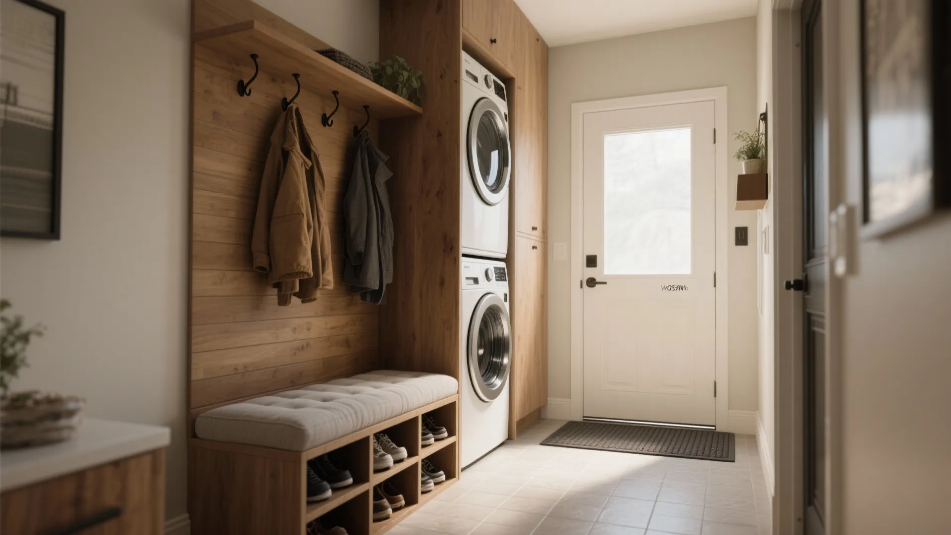 Mudroom with stacked washing machines, wooden coat rack, padded bench, shoe storage, and white door