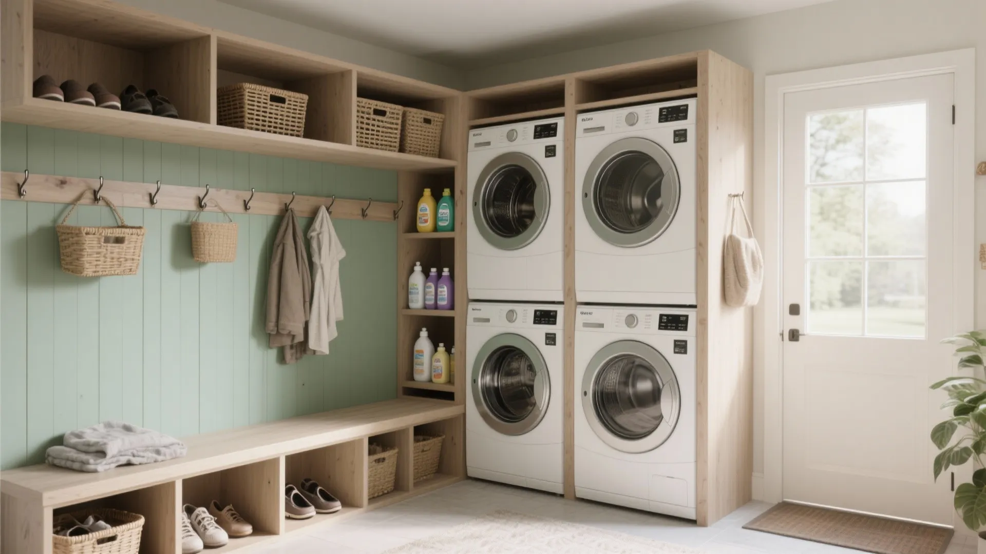 Multi-use mudroom corner with laundry machines, shallow bench, cubbies and ventilated baskets for shoes.