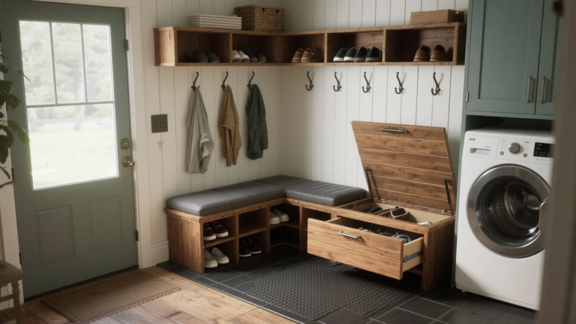 Combined mudroom and laundry with a lift-up bench revealing a washer drawer, hooks, and shoe storage.