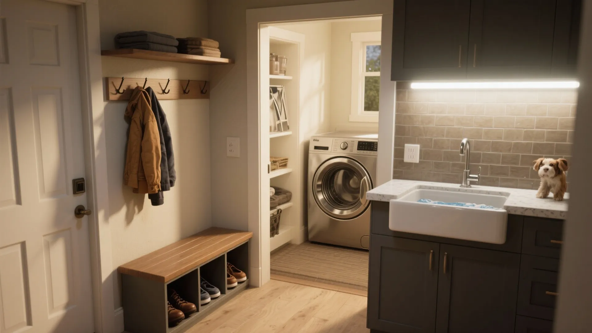 Entryway mudroom with wooden bench coat rack and laundry area featuring sink and silver washer