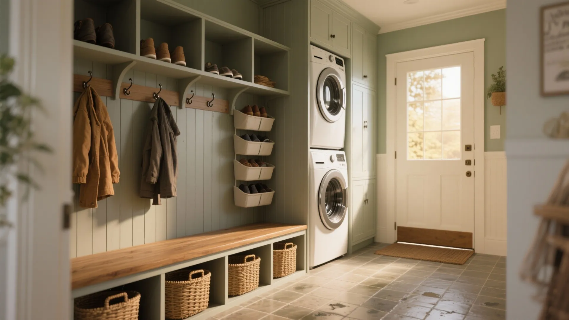 Mudroom with bench storage and hooks combined with a hidden stacked washer in adjacent cabinet, warm wood tones.