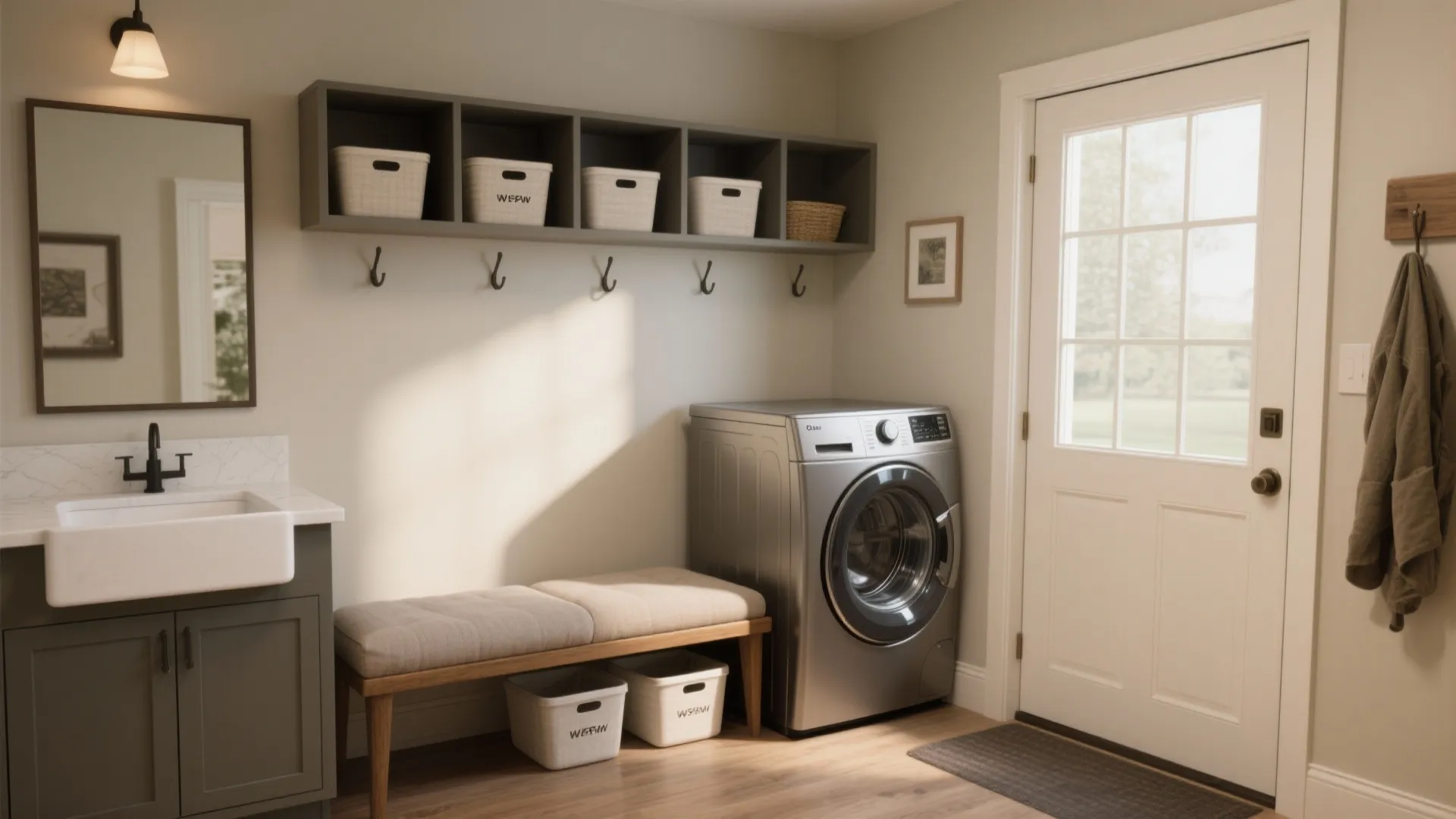Mudroom laundry area with silver washing machine bench wall hooks upper shelves and white sink