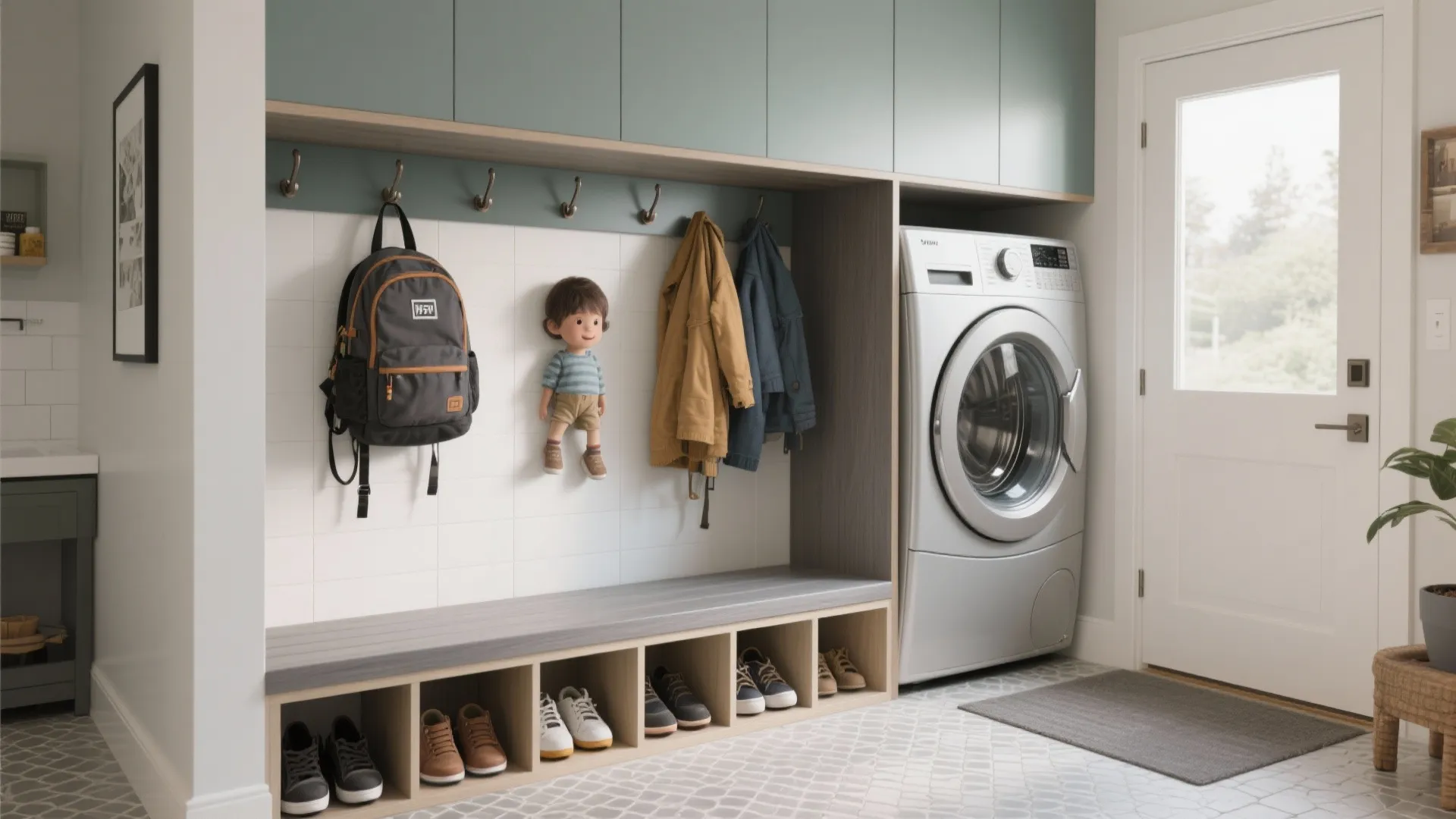 Functional mudroom with green cabinets wooden bench shoe storage hooks and a silver washing machine unit