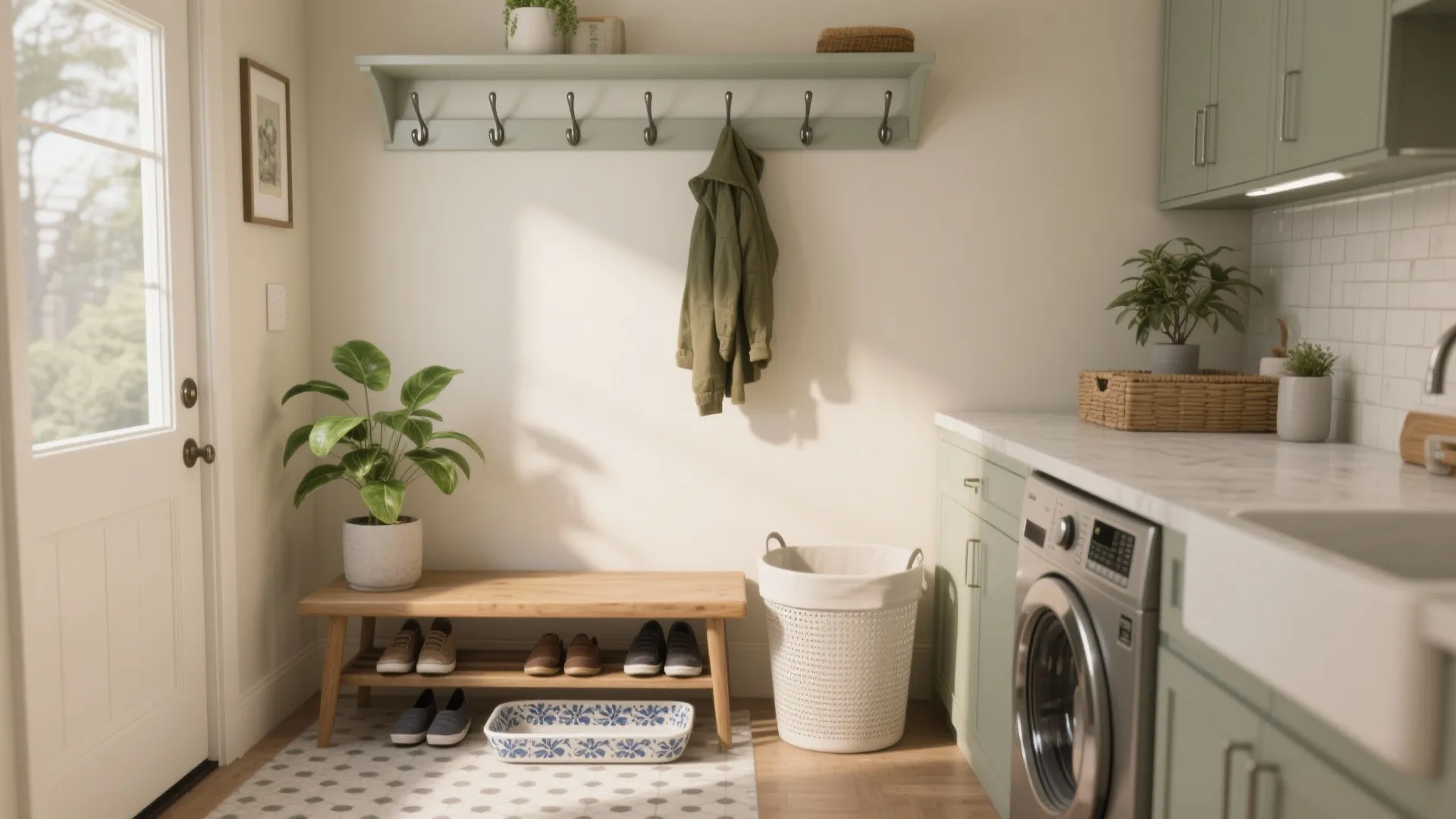 Entryway mudroom with washing machine wooden bench wall hooks green cabinets and white laundry basket