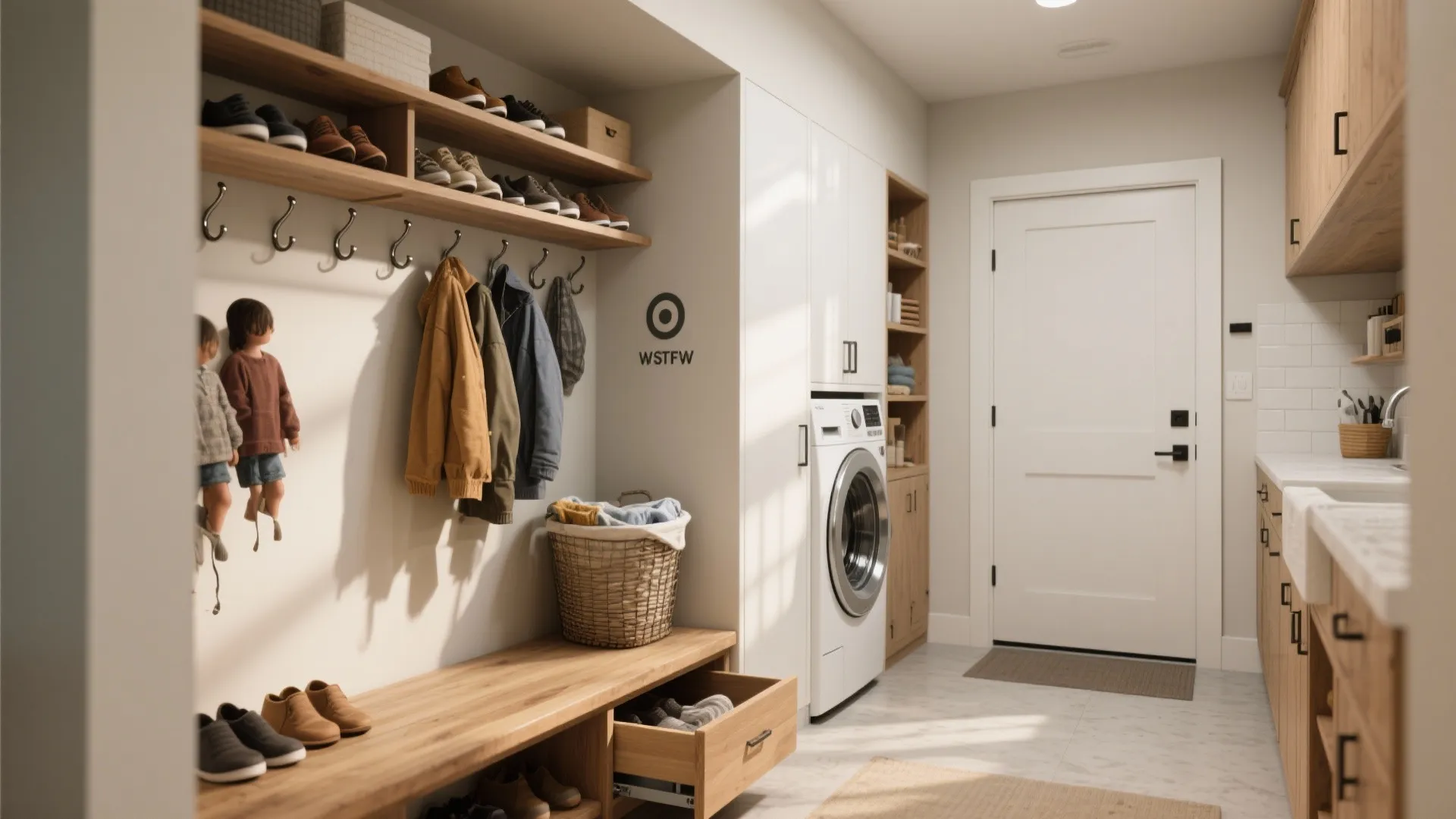 Mudroom laundry room with white washing machine wood bench coat hooks shoes and white door
