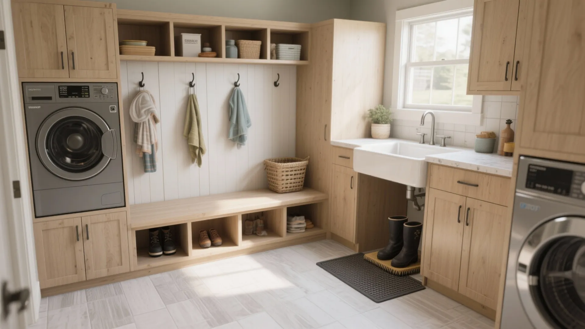 Mudroom and laundry hybrid with bench, cubbies, hooks, shallow sink and integrated laundry slot in a durable finish.