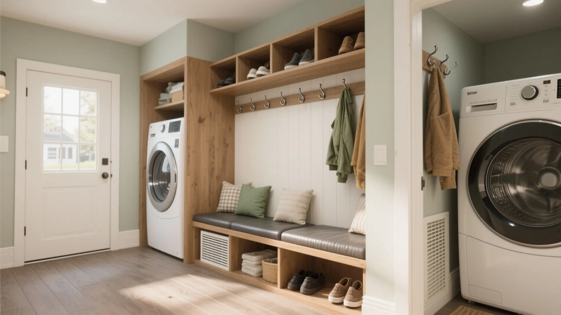 Functional laundry room with wooden storage unit washing machine bench seating and light green walls