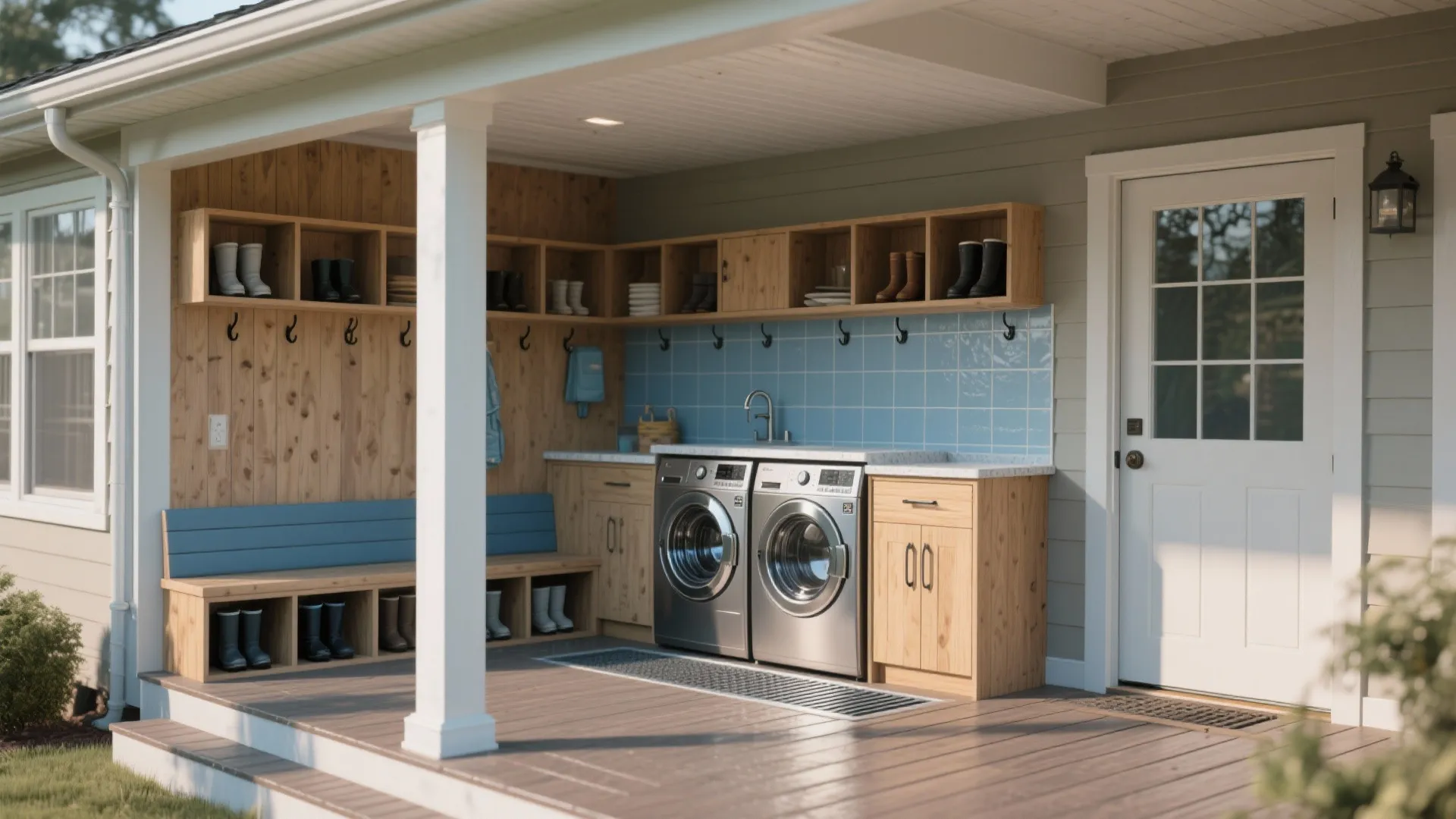 Outdoor mudroom and laundry space with wood cabinets blue tiles washing machines and shoe storage shelves