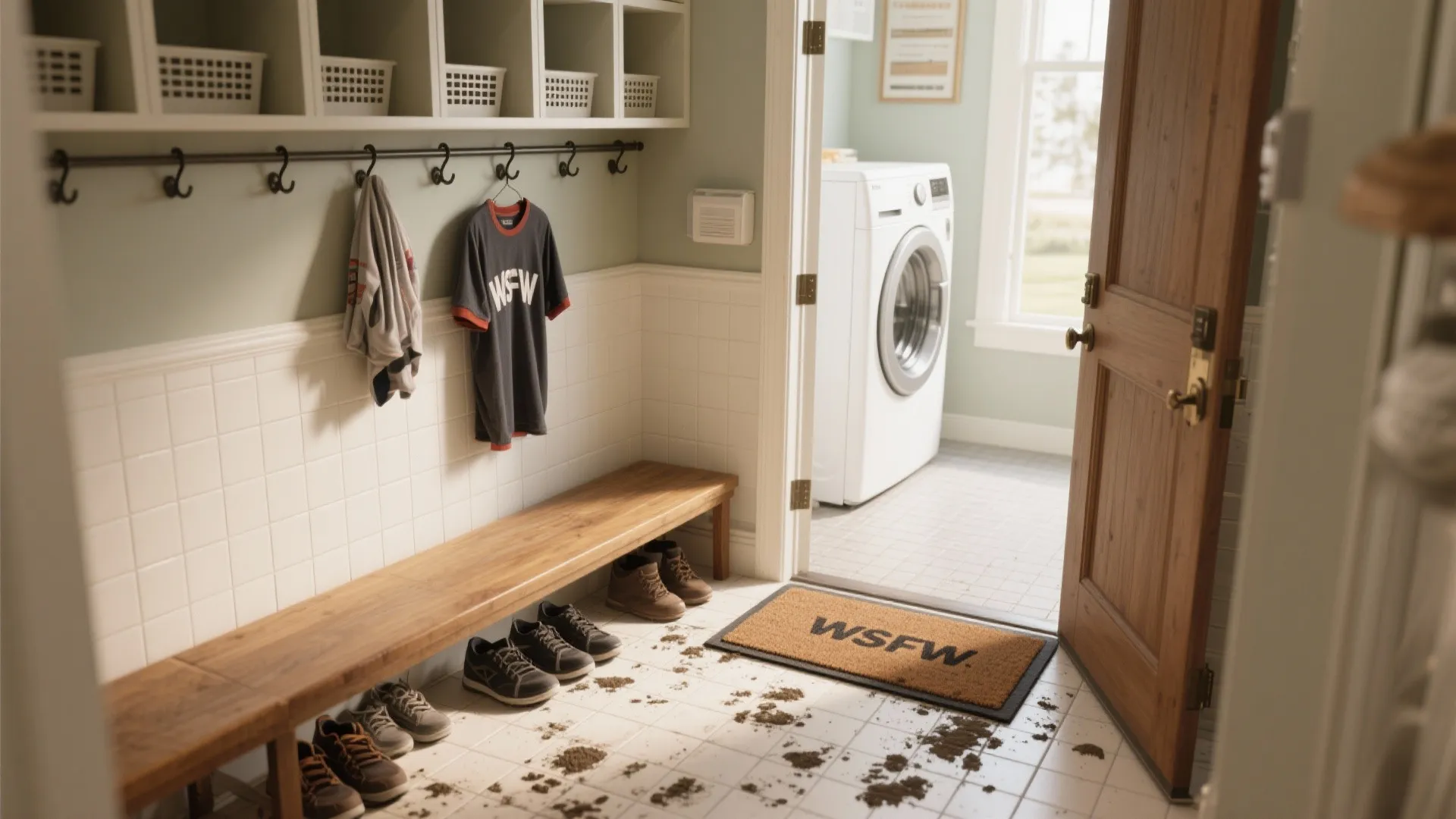 Entryway mudroom with wooden bench and wall hooks leading into a bright white laundry room area
