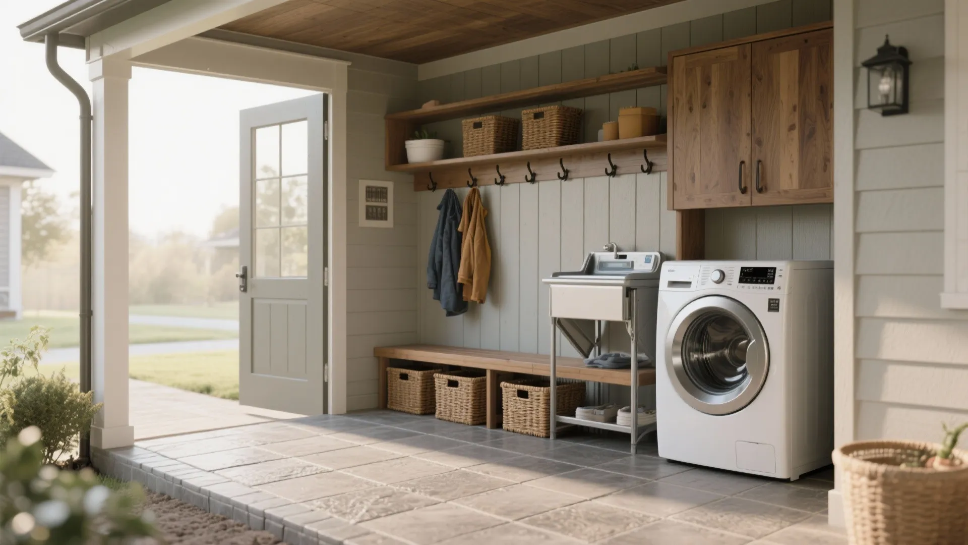 Outdoor mudroom laundry space featuring white washing machine wooden bench wall hooks and storage baskets