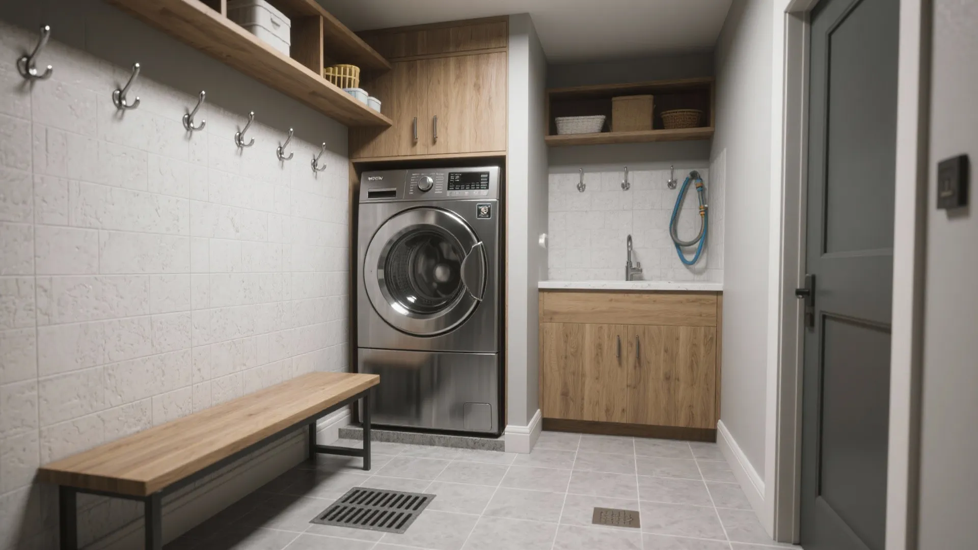 Modern laundry room with stainless steel washing machine wood cabinets wooden bench and grey floor tiles