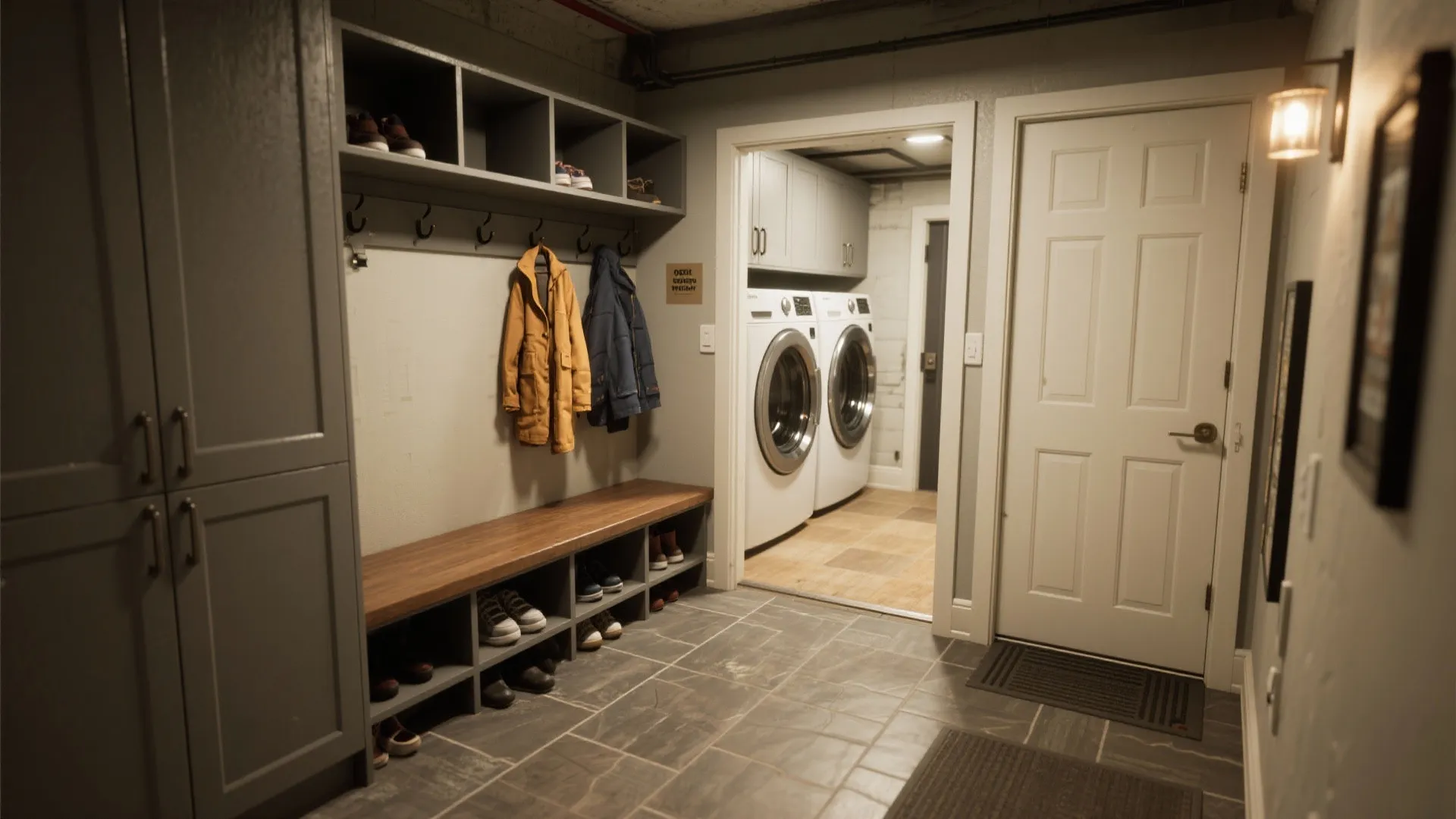 Mudroom with grey cabinets, wooden bench, hanging jackets, and a view into the laundry room