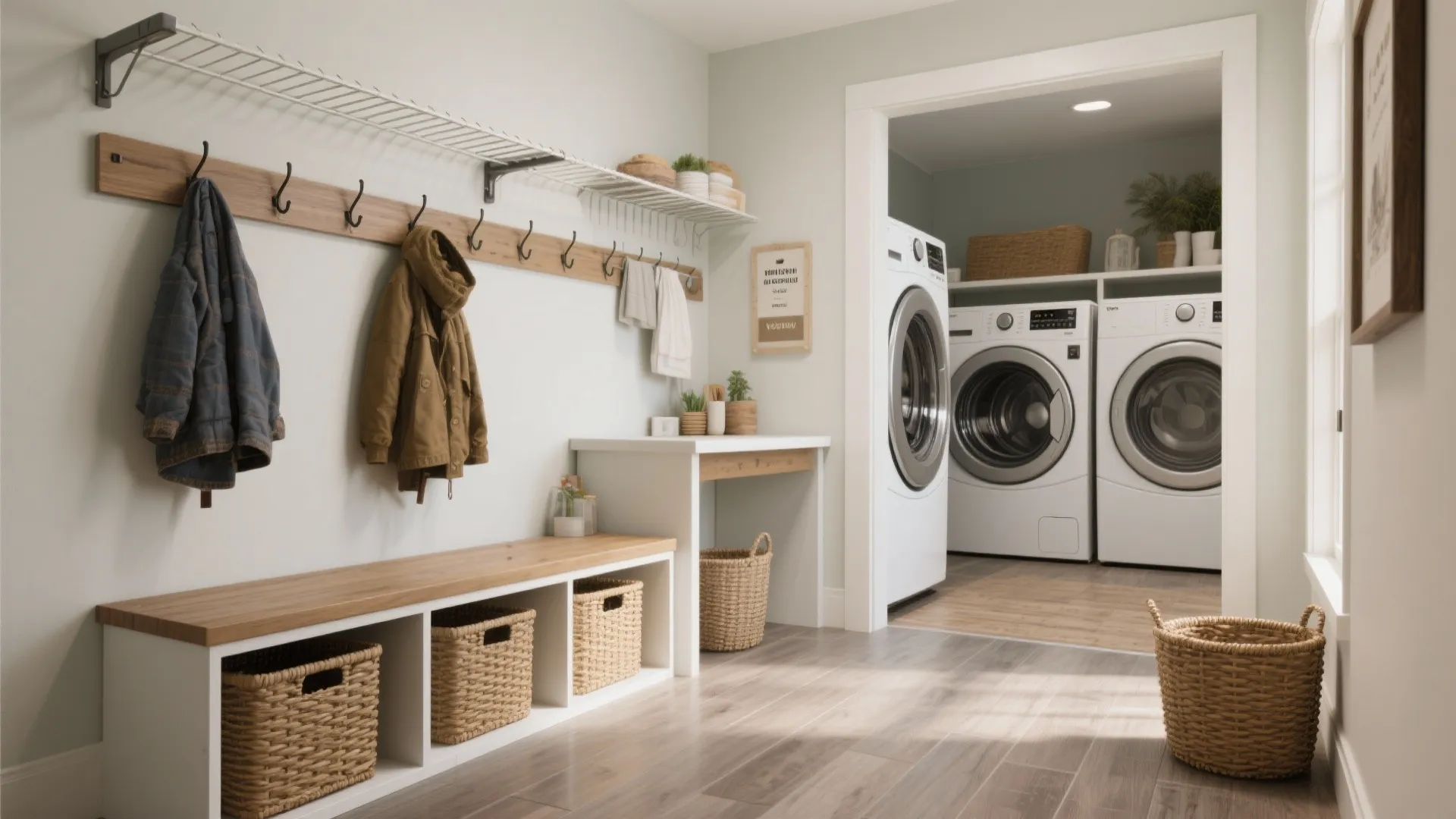 Organized mudroom with wooden bench and wall hooks leading into a bright white laundry room
