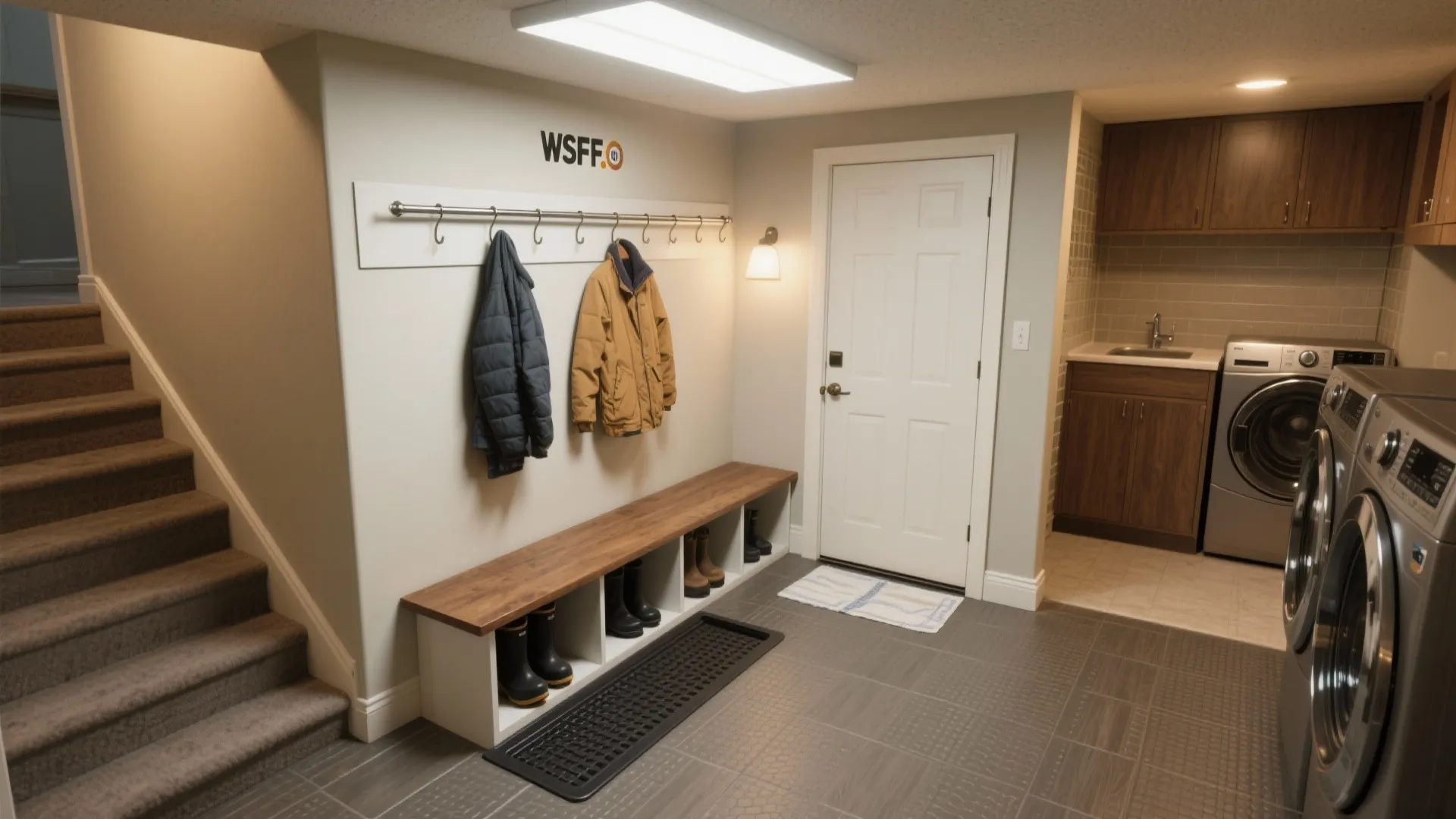 4. Mudroom combo: bench, boot tray and hanging rod