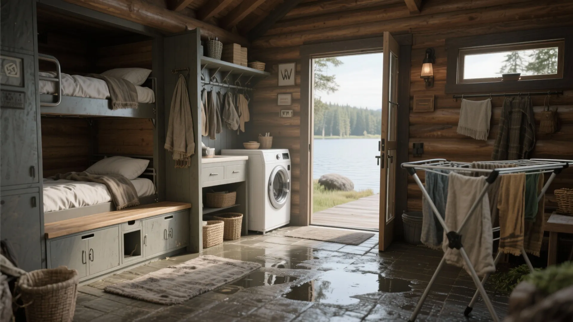 Cabin mudroom combined with laundry next to small bedrooms, showing bench storage and drying rack.
