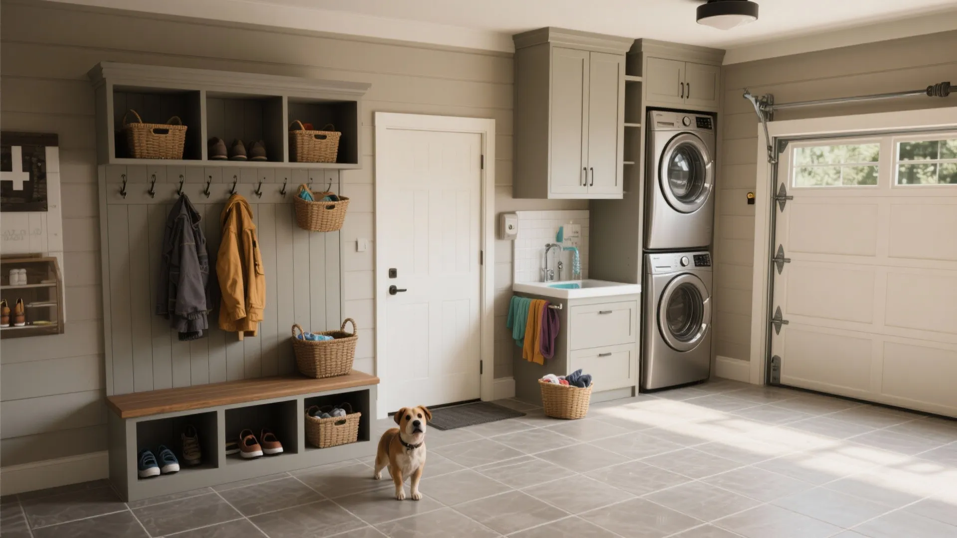 Mudroom with coat storage, bench, pet wash and stacked laundry hub near a garage entrance.
