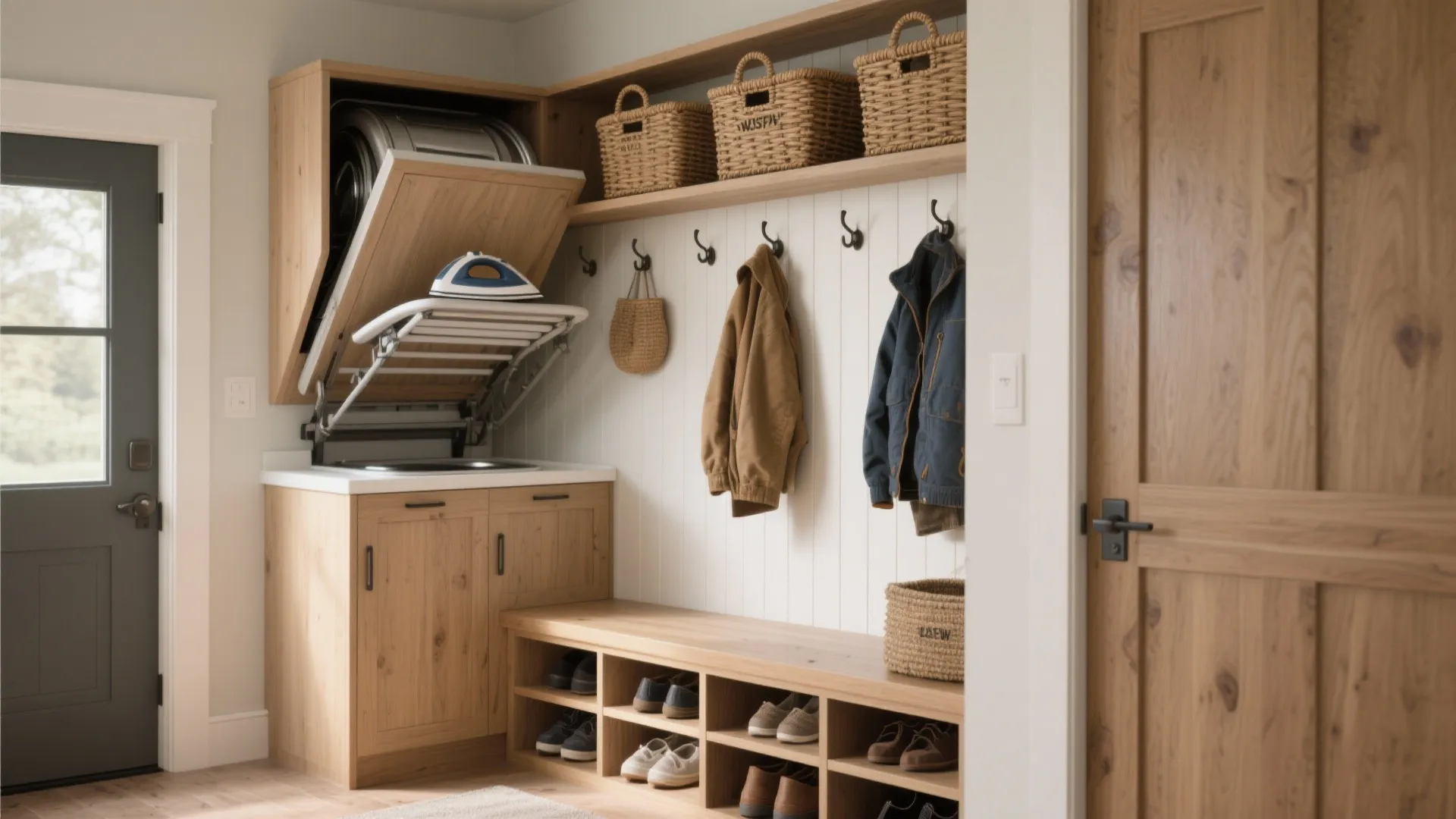 Wooden mudroom bench with shoe storage hooks for jackets and a hidden fold out ironing station