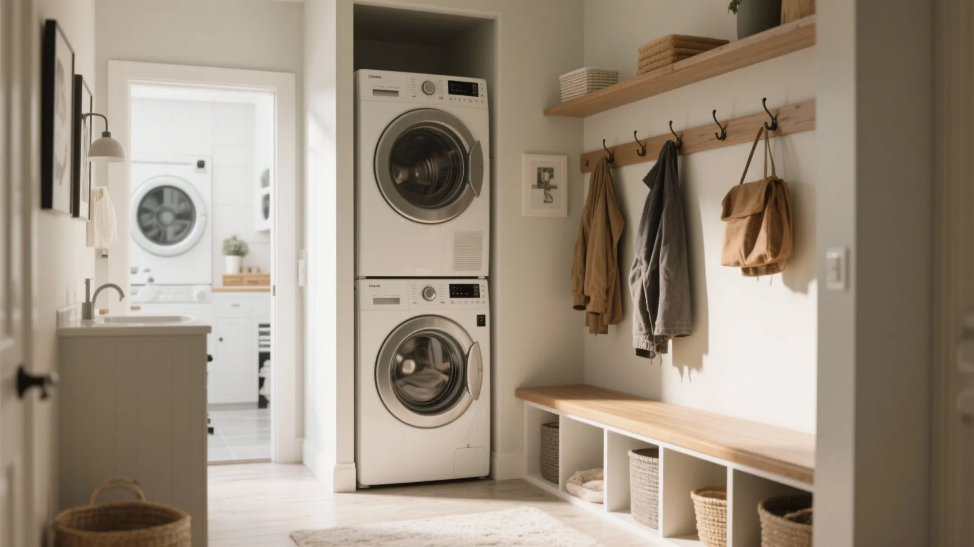 Bright mudroom laundry combo with stacked washing machines wooden bench coat hooks and open storage shelves