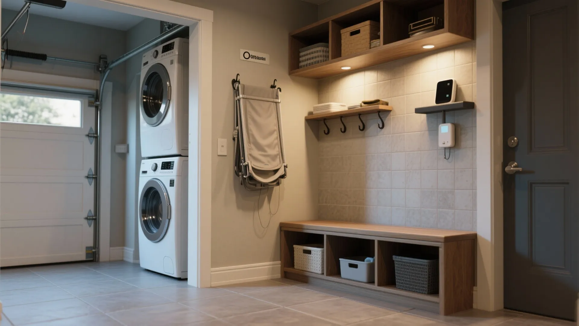 Laundry room with stacked washer and dryer next to a wooden bench with storage baskets