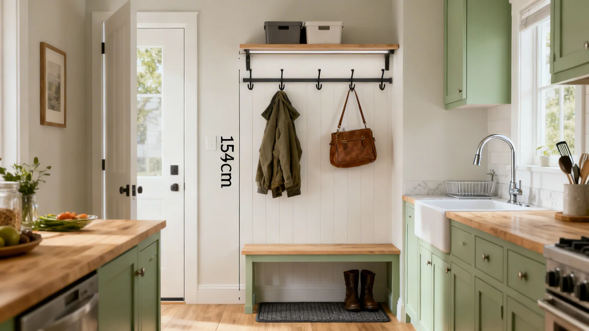Mudroom-lite kitchen entry with hooks, overhead shelf, boot mat, and a nearby wash zone.