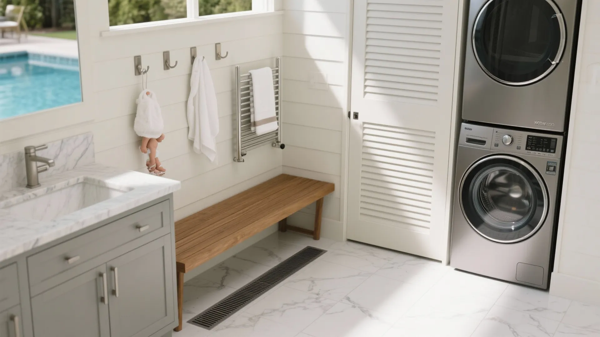 Compact pool house mudroom + spa suite planning