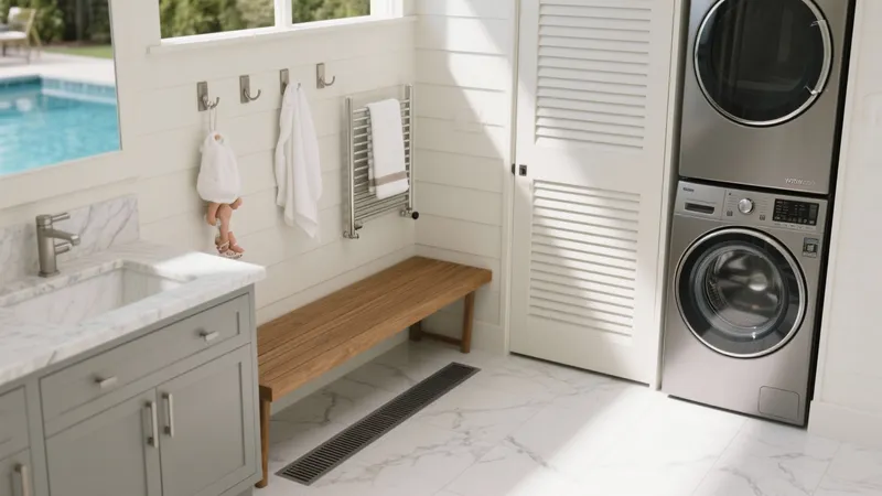 Modern Laundry Room with Marble Countertop & Wood Bench