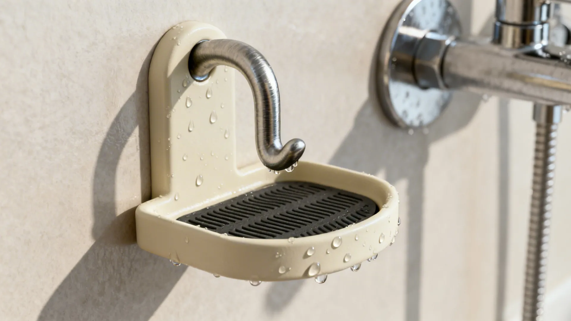 Macro of wall hook above drip tray with washable paint finish and nearby splash protection.