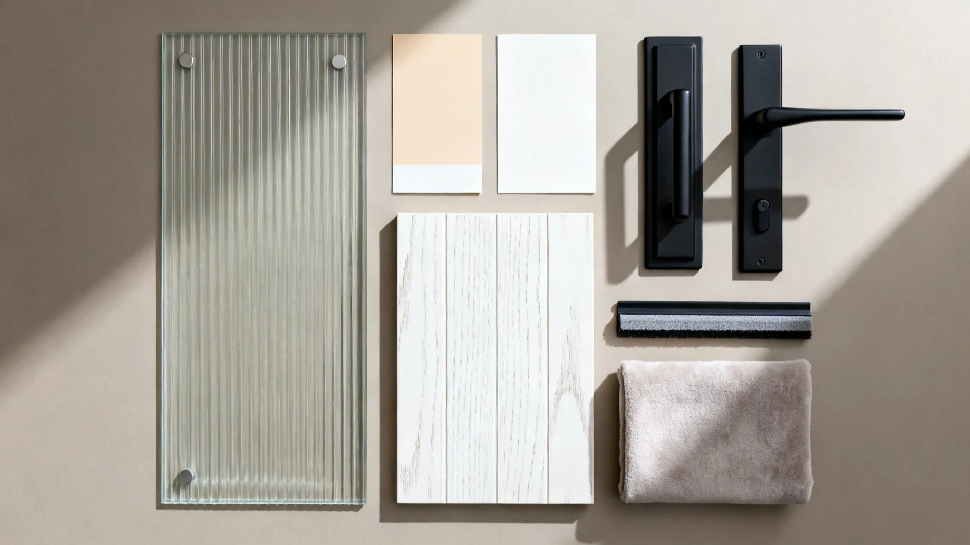 Flat lay of reeded glass, oak, matte black hardware, and wall paneling for a mudroom-laundry.