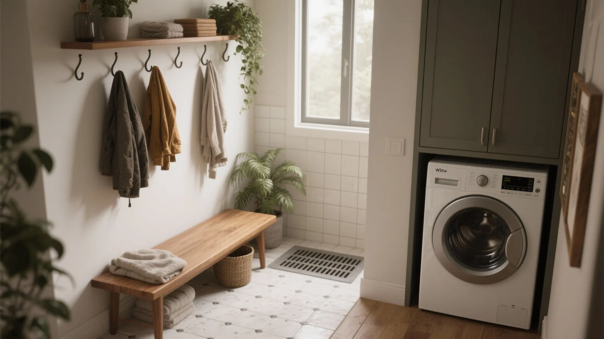 5. Multi-use mudroom: bench, hooks, and a compact washer