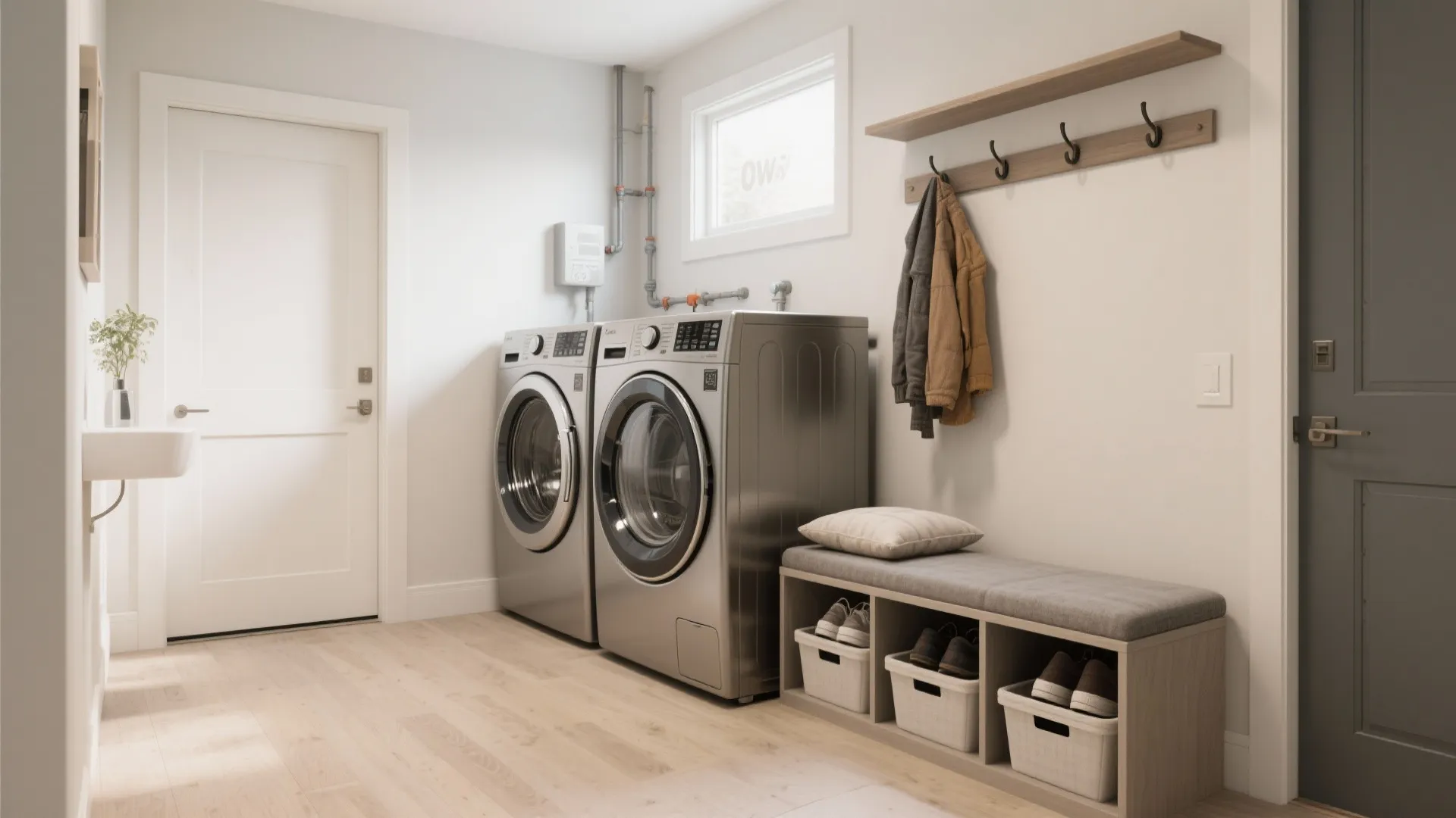 Bright laundry room featuring grey washing machines and a wooden bench with shoe storage and hooks