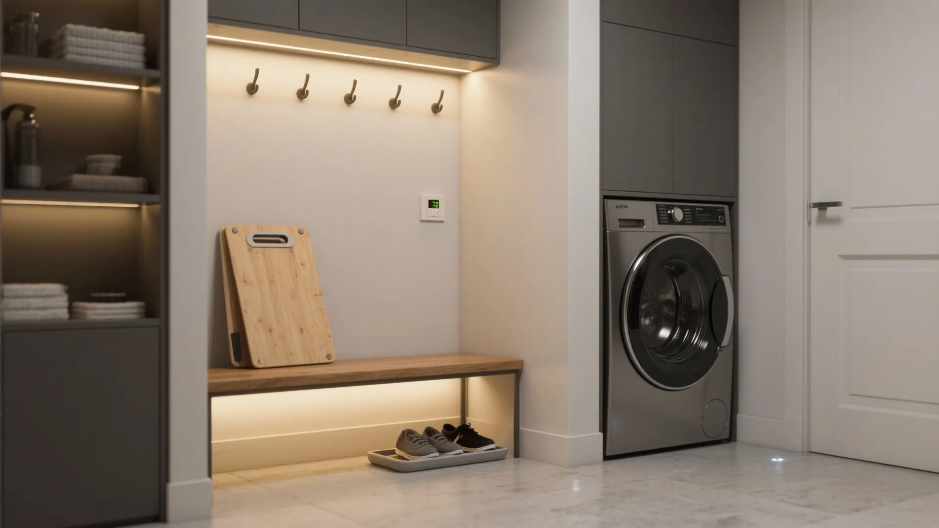 Modern laundry room featuring a washing machine wooden bench wall hooks and warm under cabinet lighting