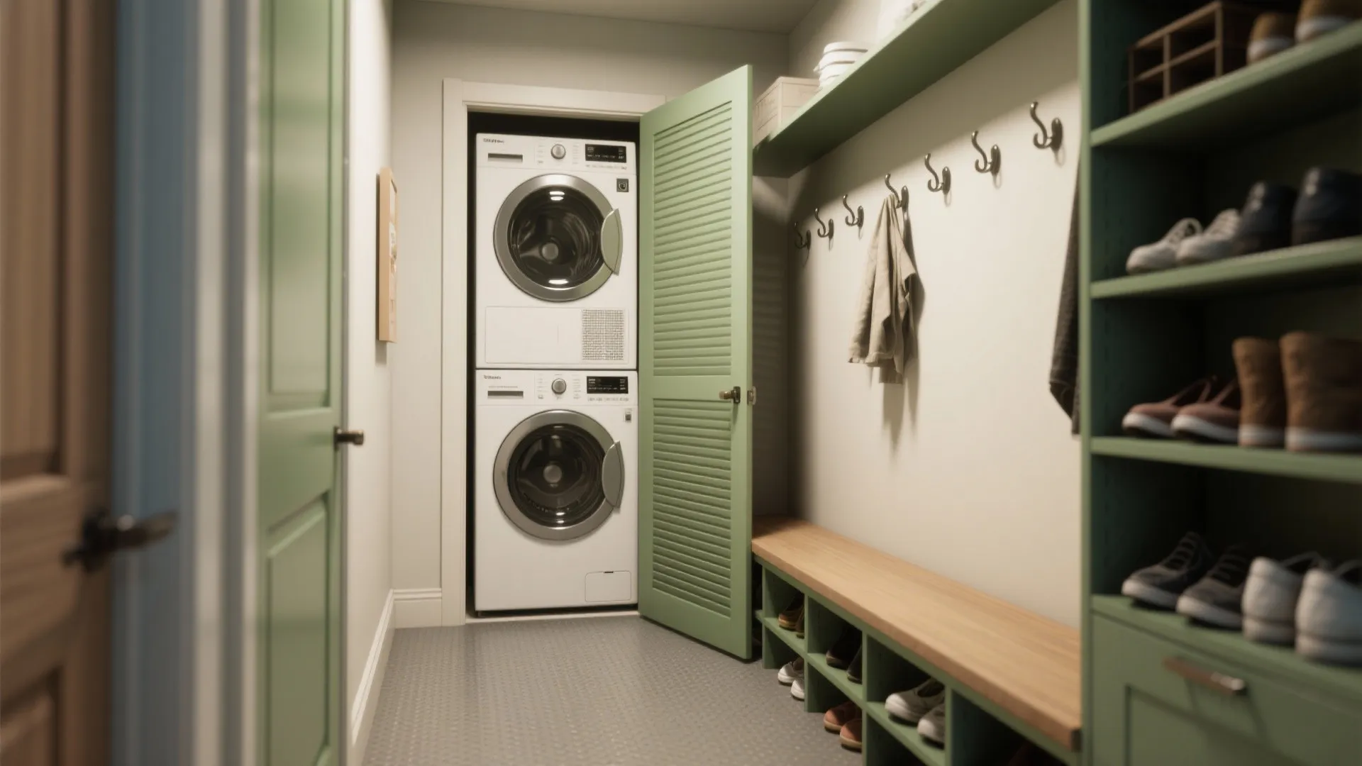 Green laundry room with stacked washer dryer plus wood bench and built in shoe storage shelves