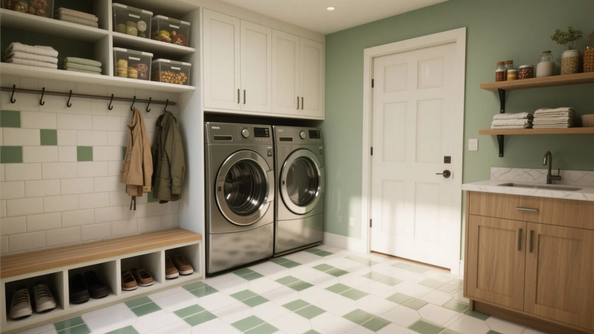 Laundry room with green walls featuring silver washing machines wooden cabinets and white tile floor