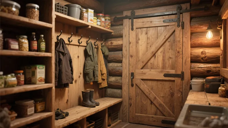 Rustic Utility Laundry Room with Log Wall Design