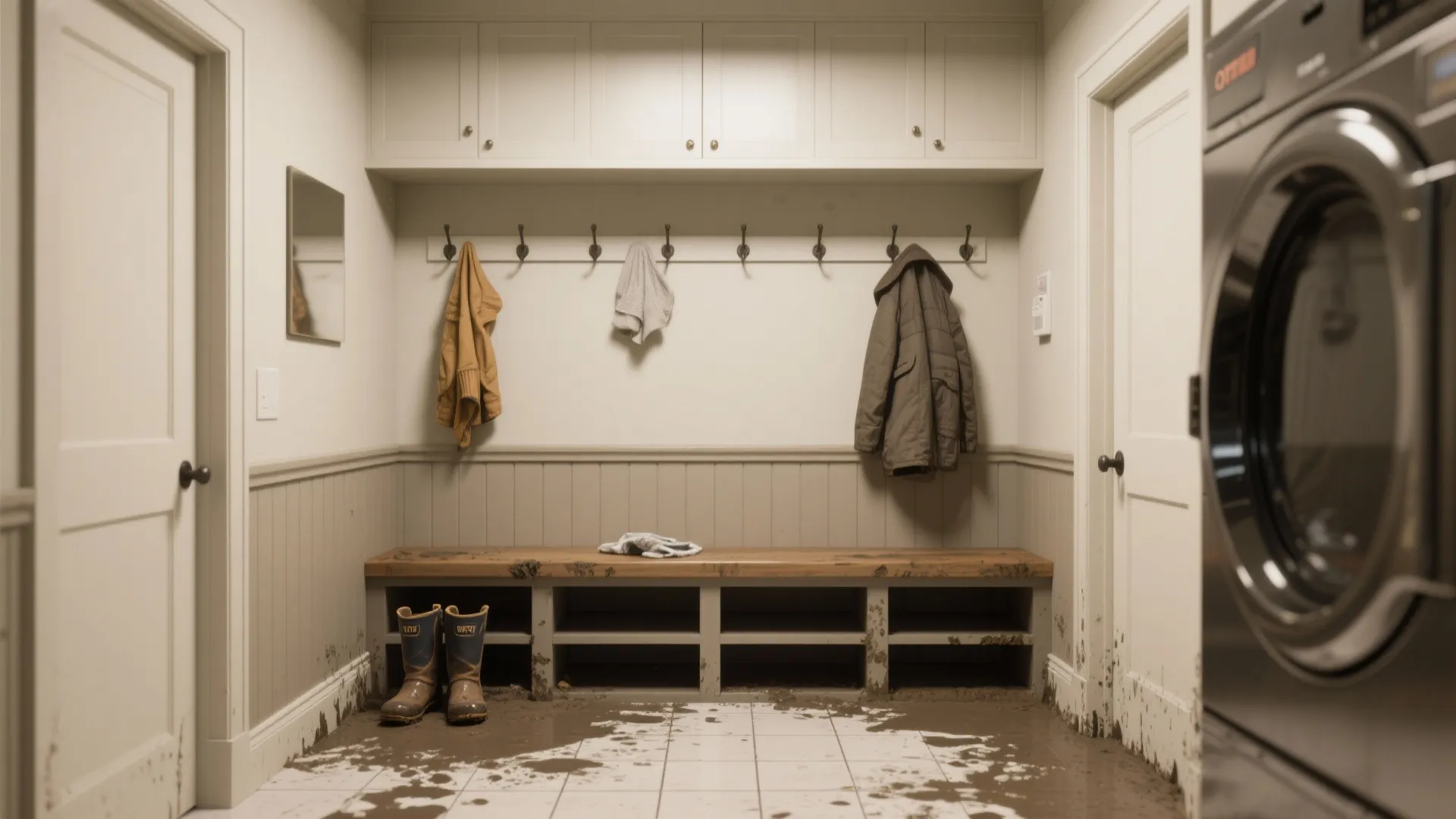 Mudroom with washing machine bench wall hooks hanging coats boots and muddy footprints on floor