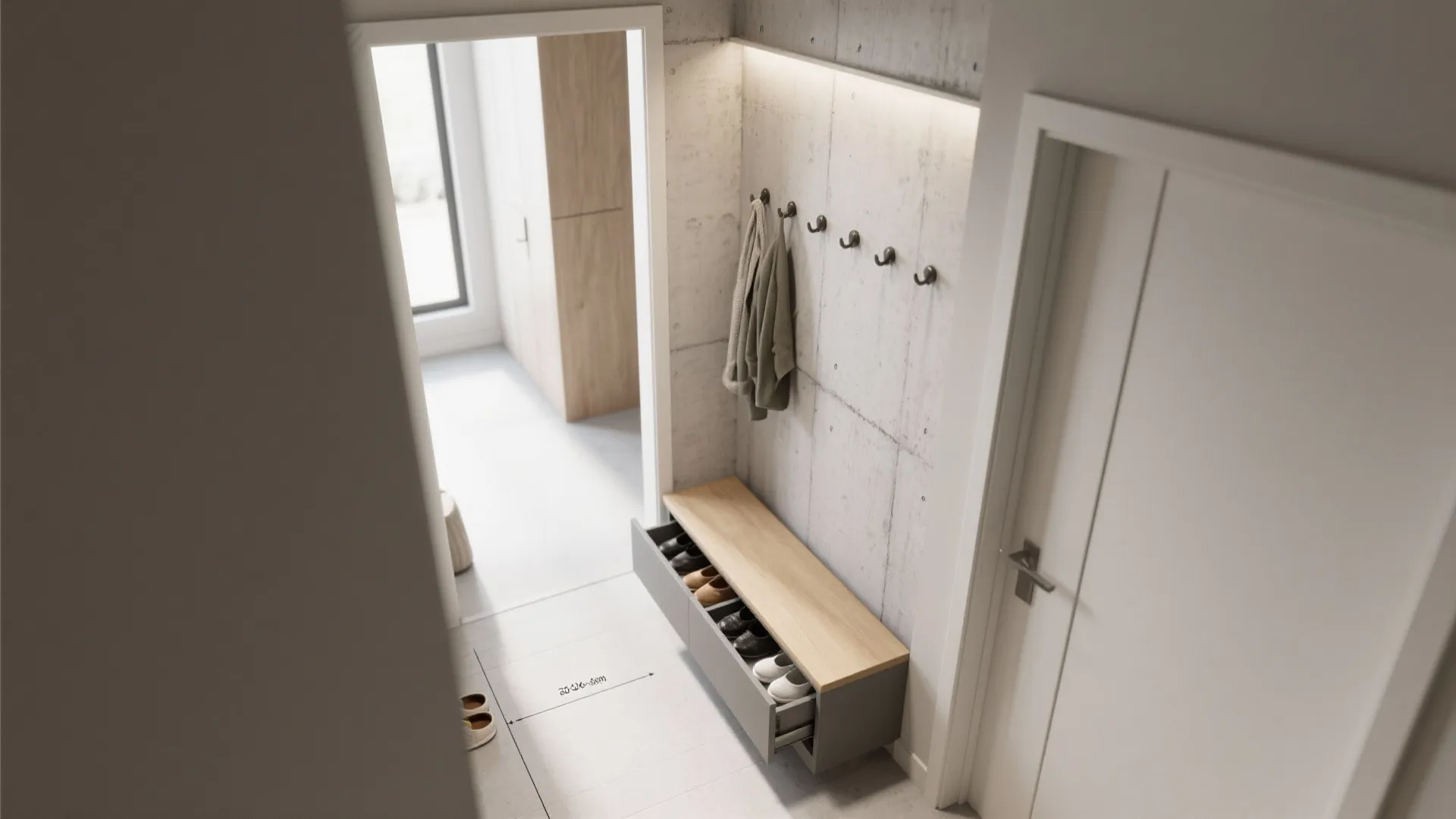 Top down interior design drawing of entryway with shoe bench wall hooks and concrete walls