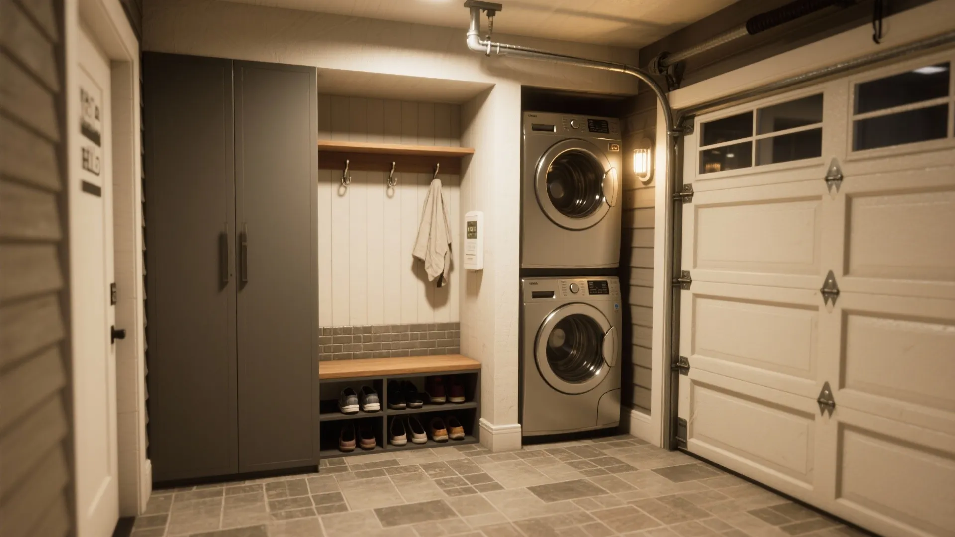 Functional garage laundry room with grey cabinet wooden bench shoe rack stacked washing machines and dryer